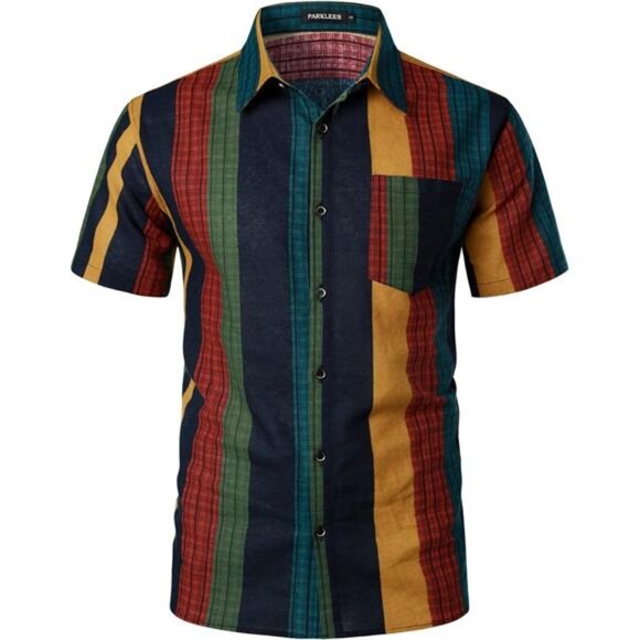 Men's Cotton Linen Vintage Pattern Printed Old Style Shirt Casual Short Sleeve - Picture 2 of 7